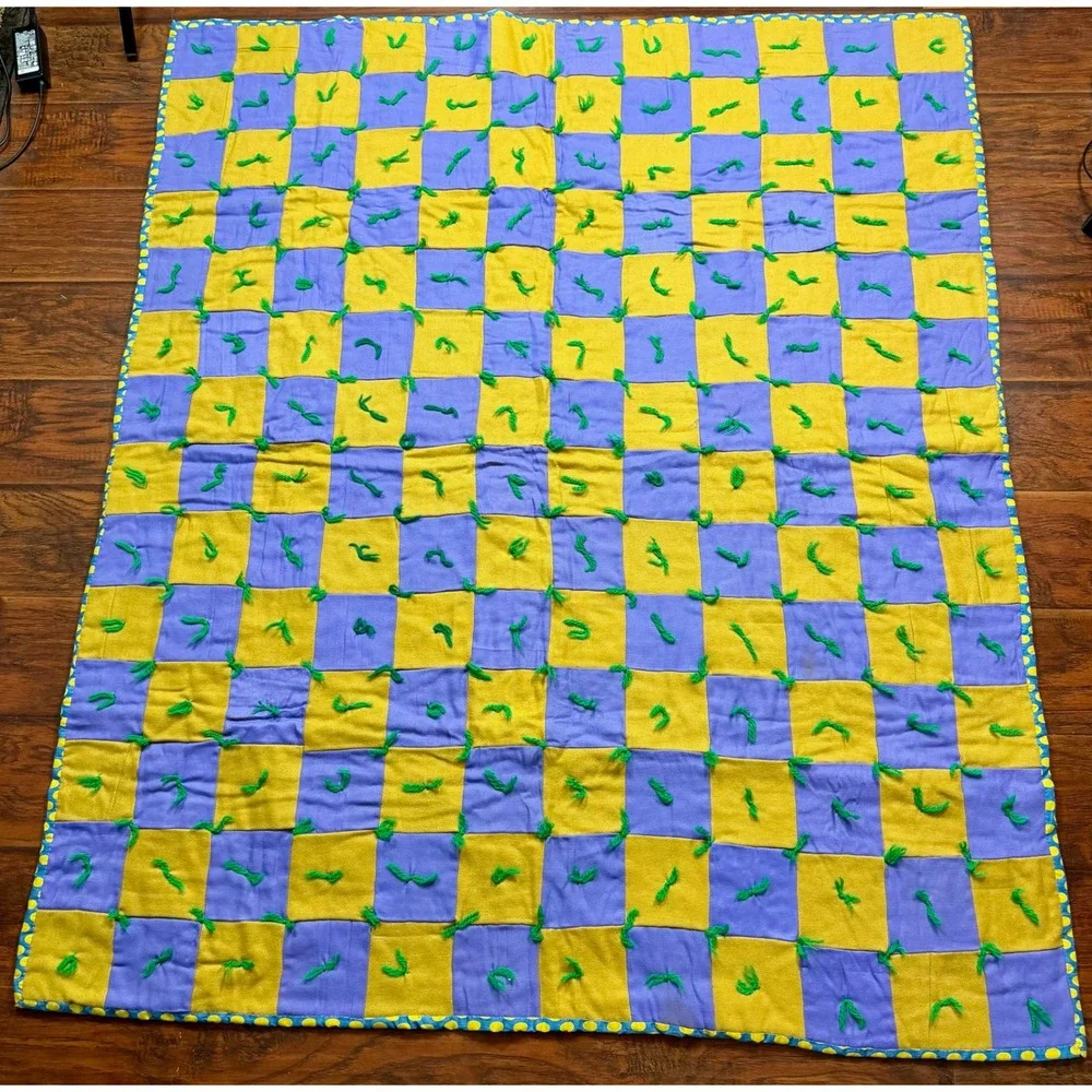 Handmade Quilt Blanket Checkerboard Purple Yellow Green Accent Throw Cozy‎